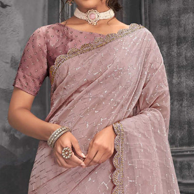 Mauve Party Wear Embellished Organza Saree