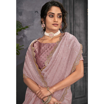 Mauve Party Wear Embellished Organza Saree