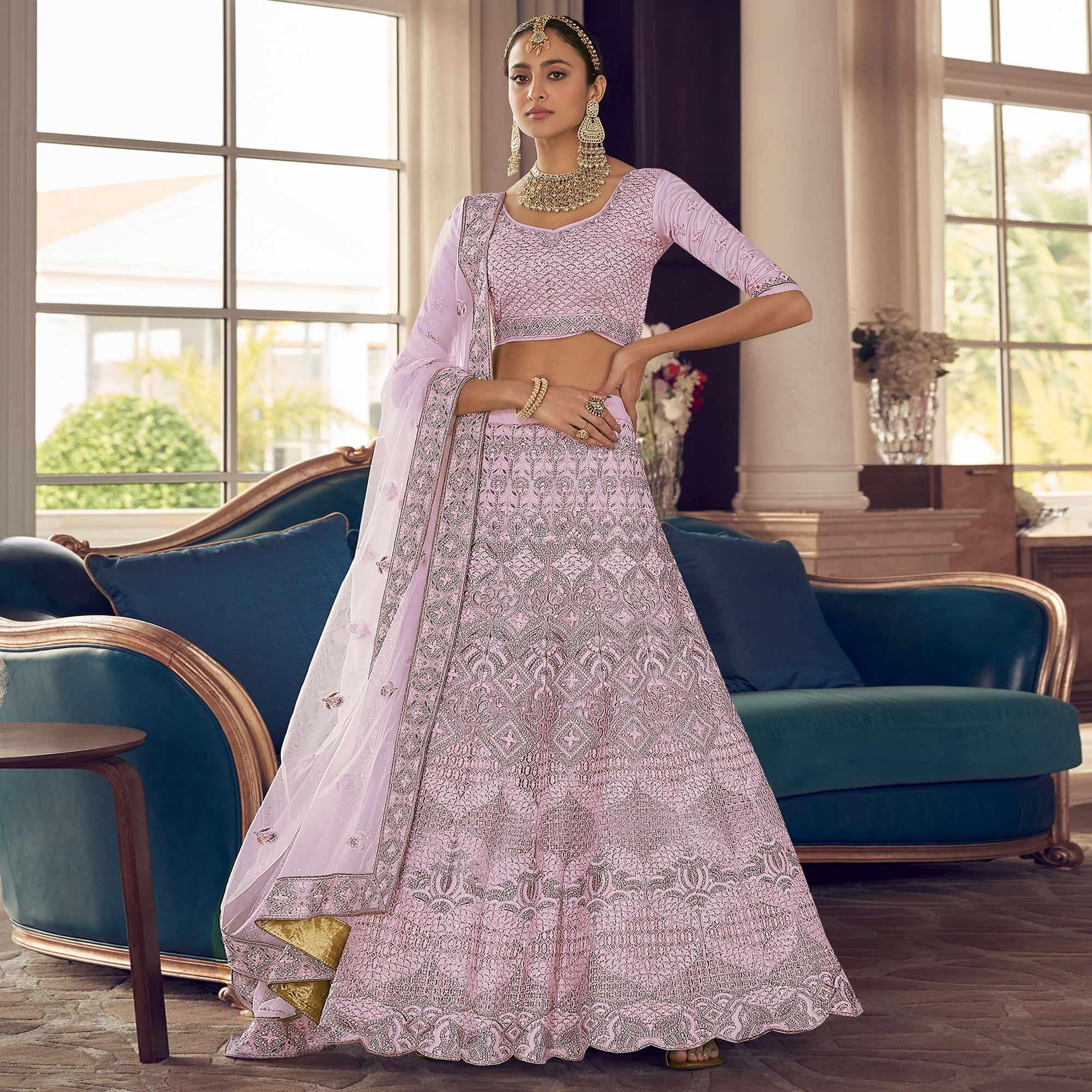 Mauve Party Wear Embroidered Crepe Lehenga Choli