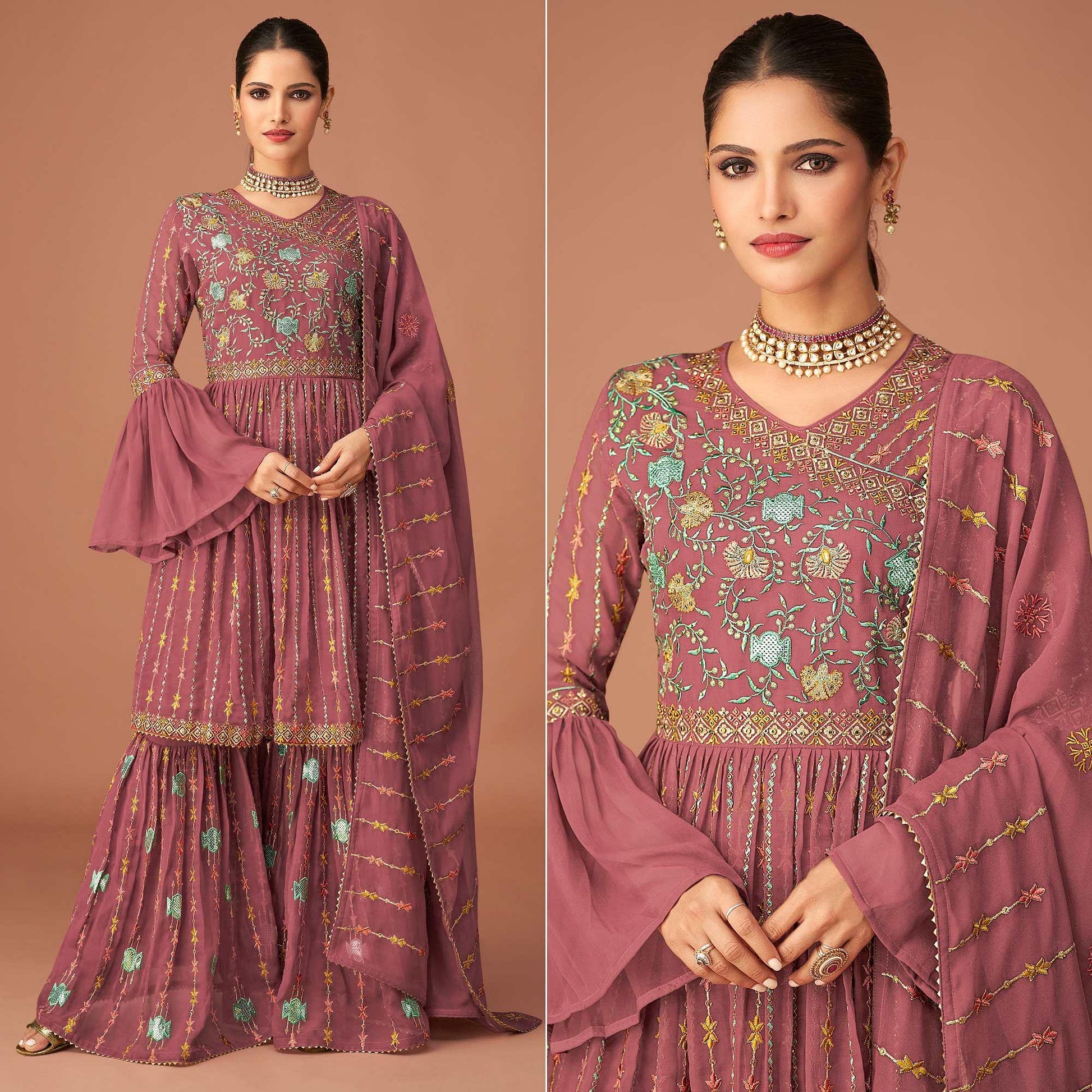 Mauve Party Wear Embroidered Georgette Sharara Suit