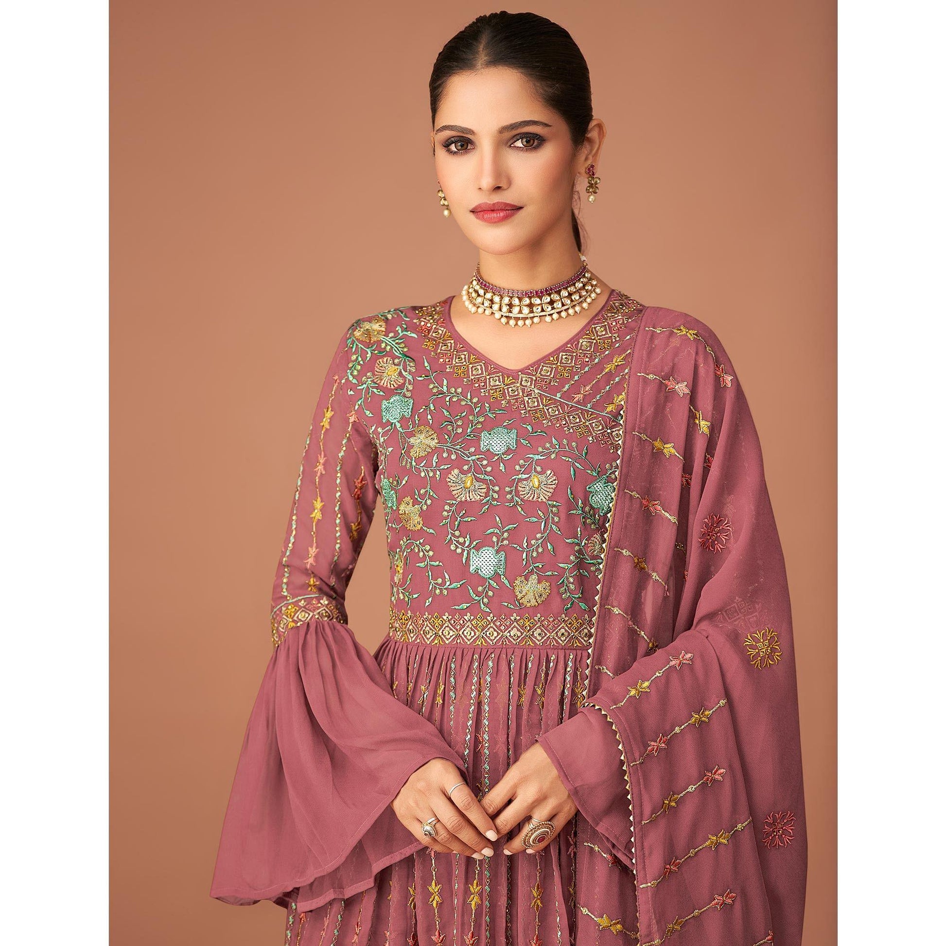 Mauve Party Wear Embroidered Georgette Sharara Suit