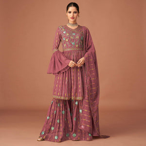 Mauve Party Wear Embroidered Georgette Sharara Suit