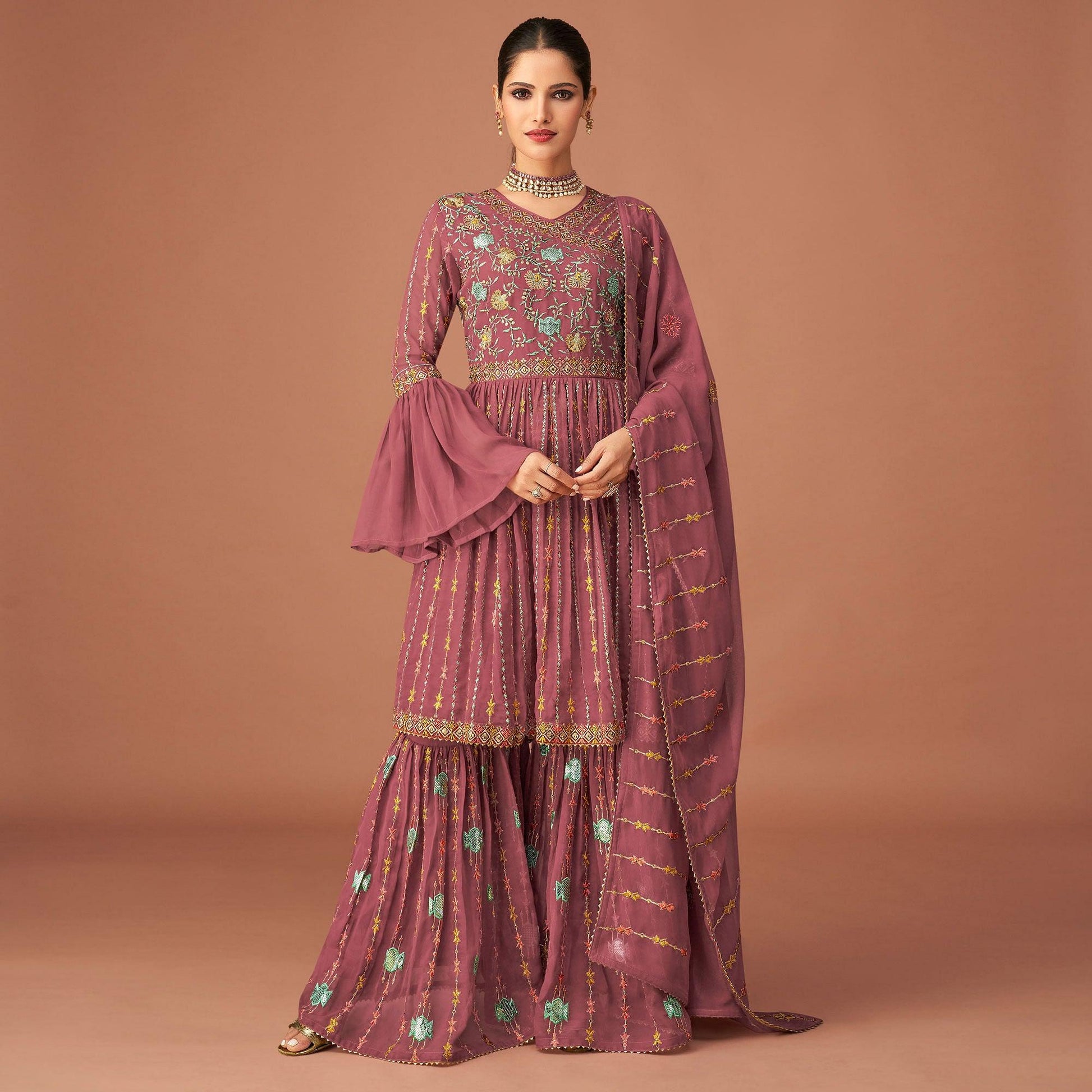 Mauve Party Wear Embroidered Georgette Sharara Suit