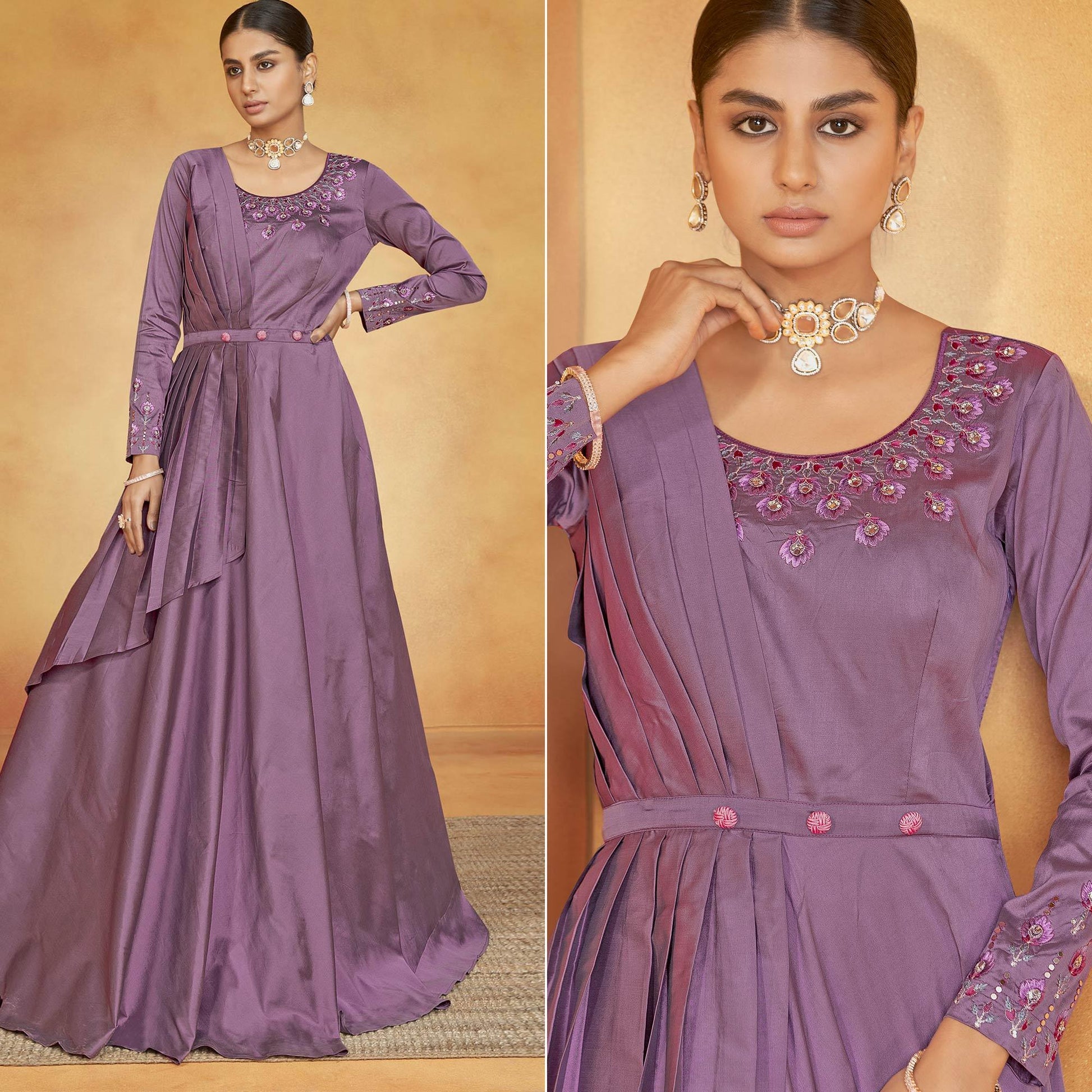 Mauve Party Wear Embroidered Tapetta Gown