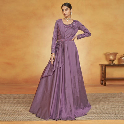 Mauve Party Wear Embroidered Tapetta Gown