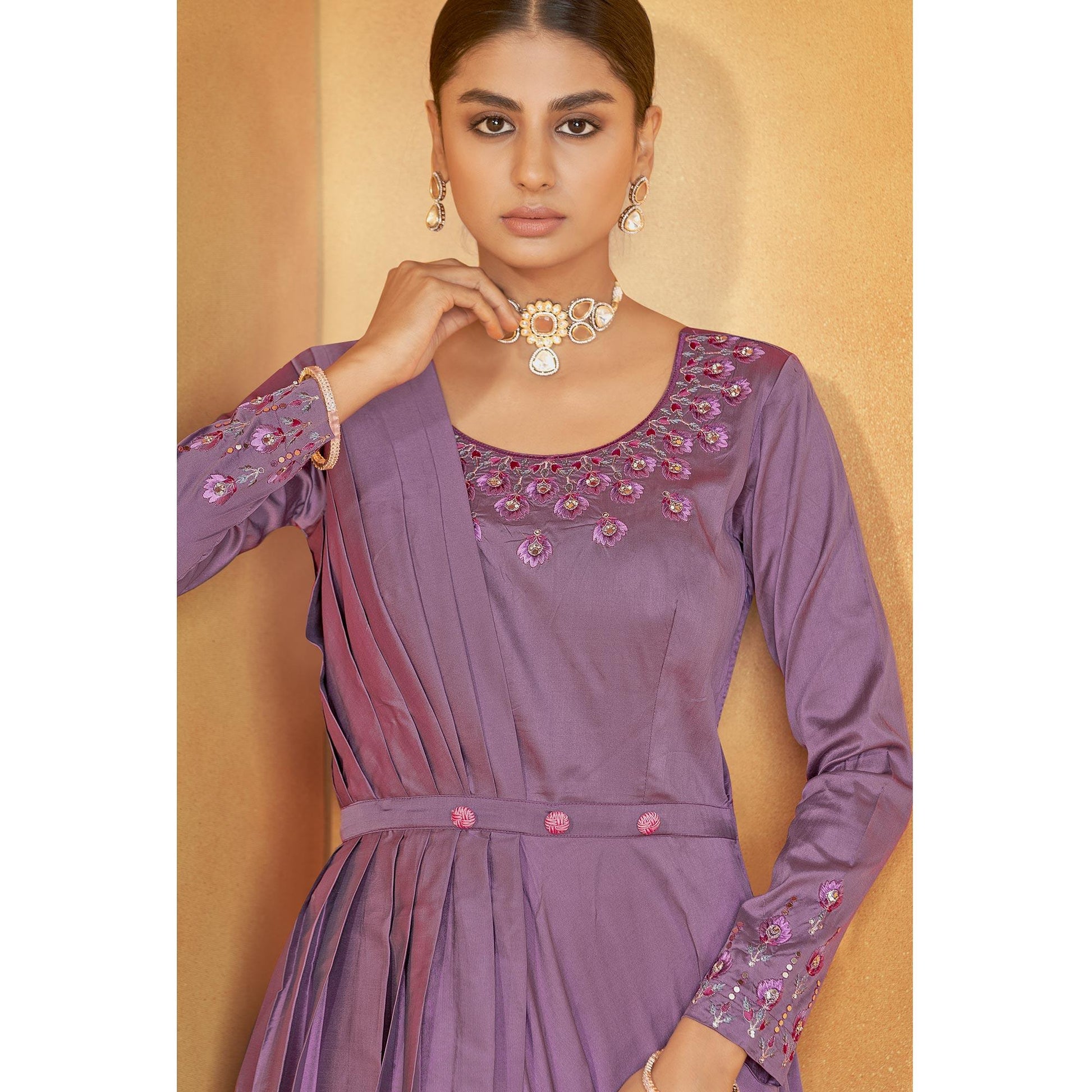 Mauve Party Wear Embroidered Tapetta Gown