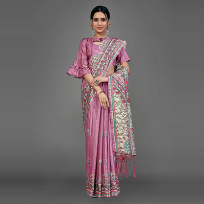 Mauve Party Wear Silk Blend Floral Print Saree With Unstitched Blouse