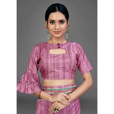 Mauve Party Wear Silk Blend Floral Print Saree With Unstitched Blouse