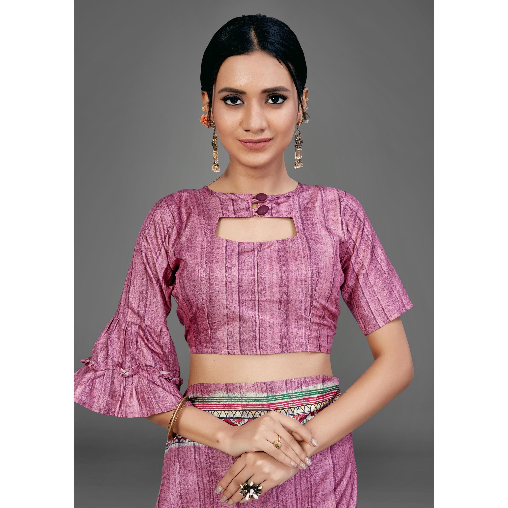 Mauve Party Wear Silk Blend Floral Print Saree With Unstitched Blouse