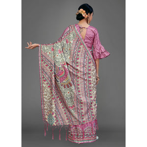 Mauve Party Wear Silk Blend Floral Print Saree With Unstitched Blouse