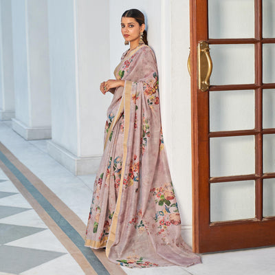 Mauve Partywear Digital Printed & Sequins Woven Pure Linen Saree