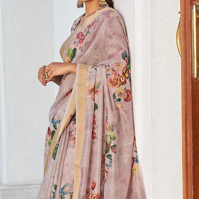 Mauve Partywear Digital Printed & Sequins Woven Pure Linen Saree