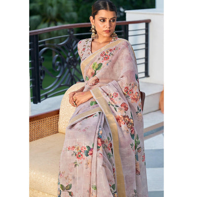 Mauve Partywear Digital Printed & Sequins Woven Pure Linen Saree
