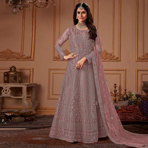 Mauve Partywear Embroidery With Embellished Net Gown