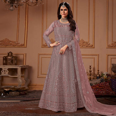 Mauve Partywear Embroidery With Embellished Net Gown