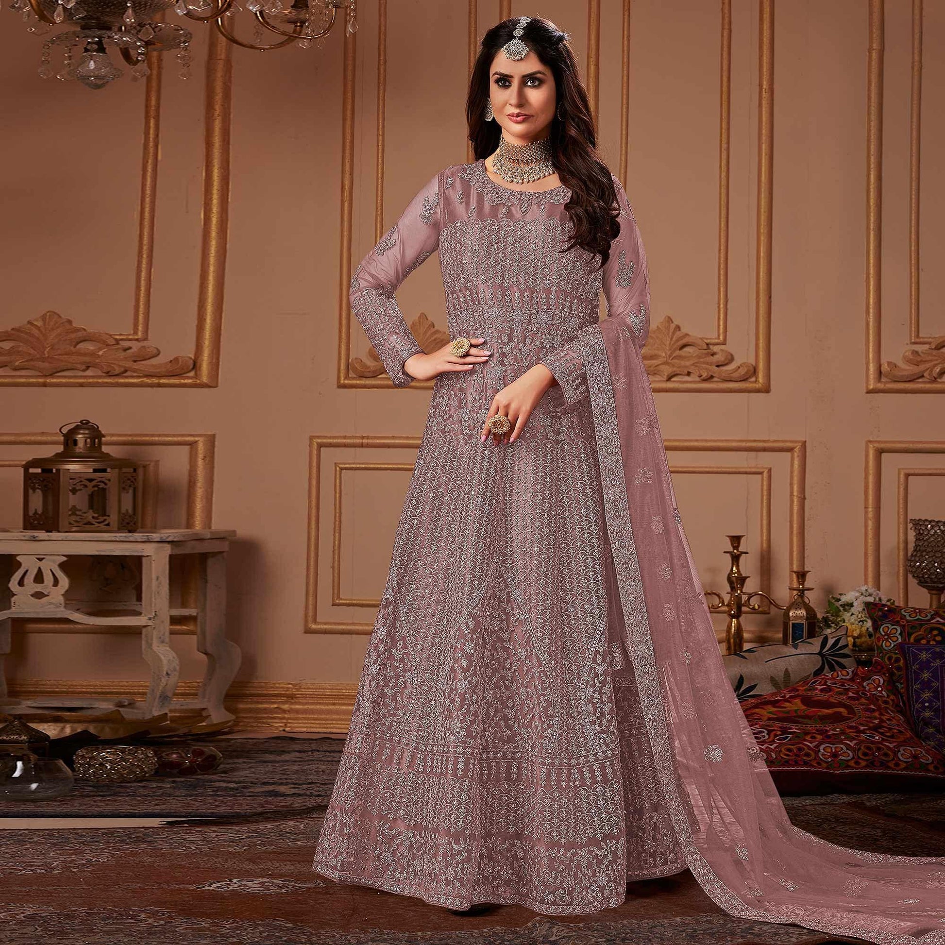 Mauve Partywear Embroidery With Embellished Net Gown