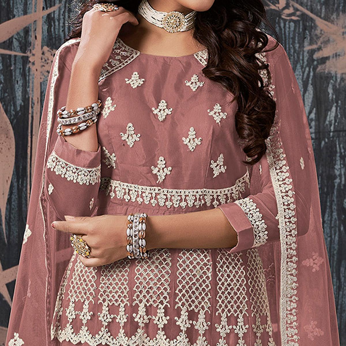 Mauve Partywear Embroidery With Embellished Net Gown