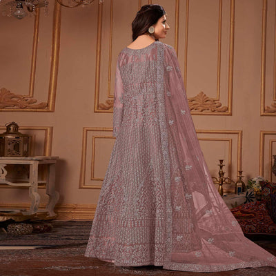Mauve Partywear Embroidery With Embellished Net Gown