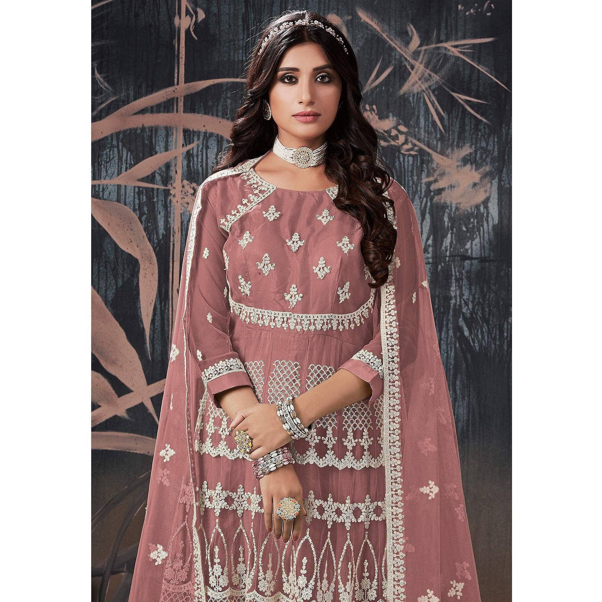 Mauve Partywear Embroidery With Embellished Net Gown