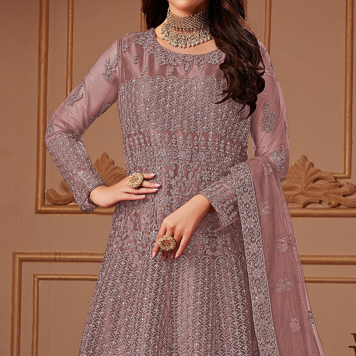 Mauve Partywear Embroidery With Embellished Net Gown