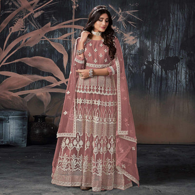 Mauve Partywear Embroidery With Embellished Net Gown