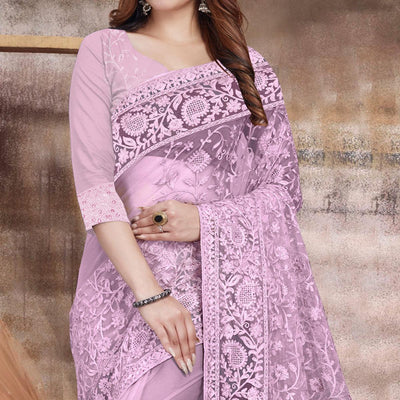 Mauve Partywear Embroidery With Embellished Net Saree