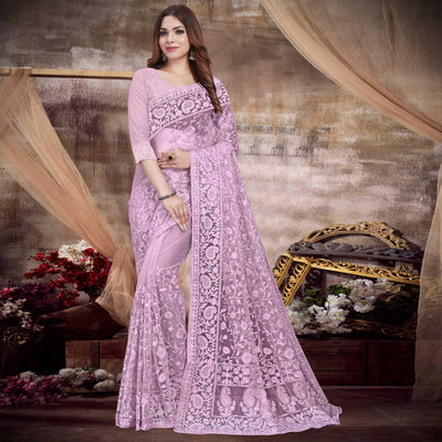 Mauve Partywear Embroidery With Embellished Net Saree