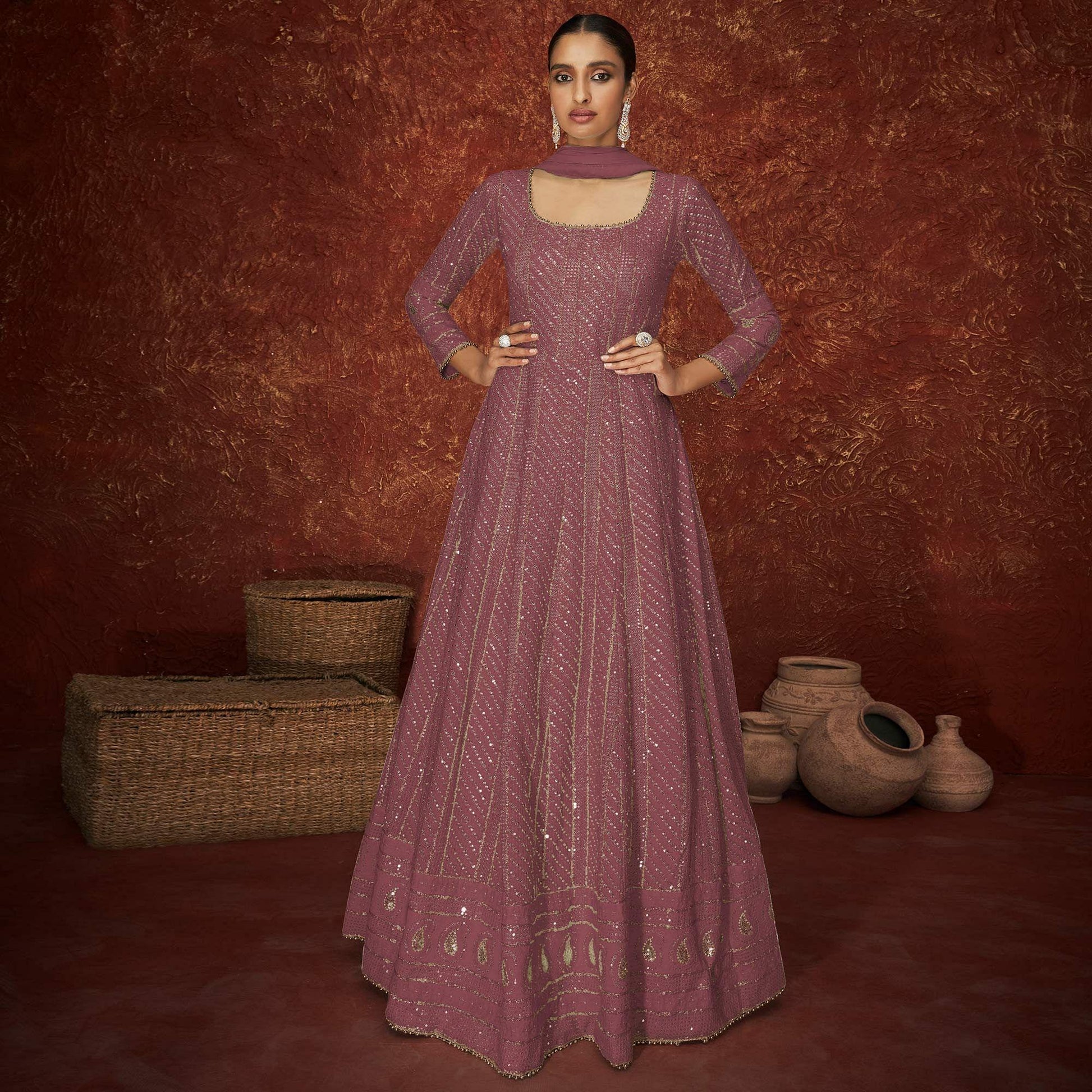 Mauve Partywear Sequins Embroidered Georgette Gown
