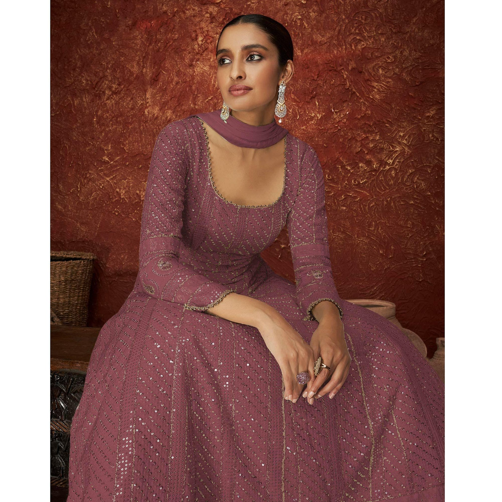 Mauve Partywear Sequins Embroidered Georgette Gown