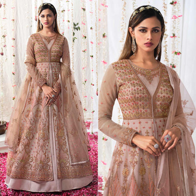 Mauve Partywear Sequins Embroidered Net Gown