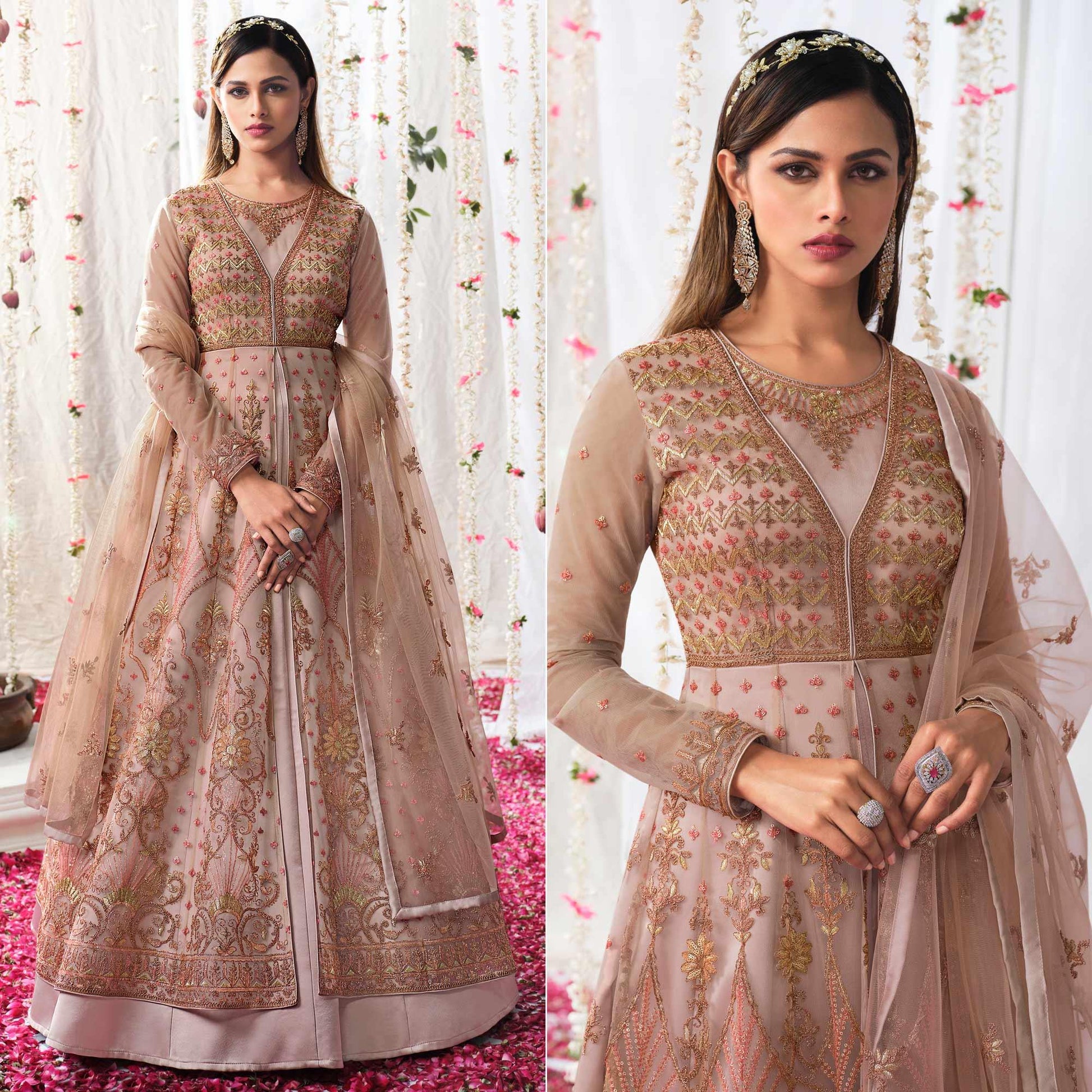 Mauve Partywear Sequins Embroidered Net Gown