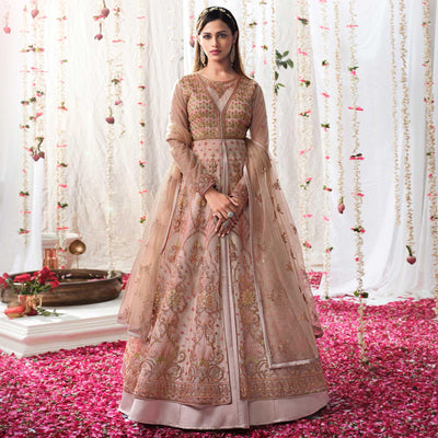 Mauve Partywear Sequins Embroidered Net Gown
