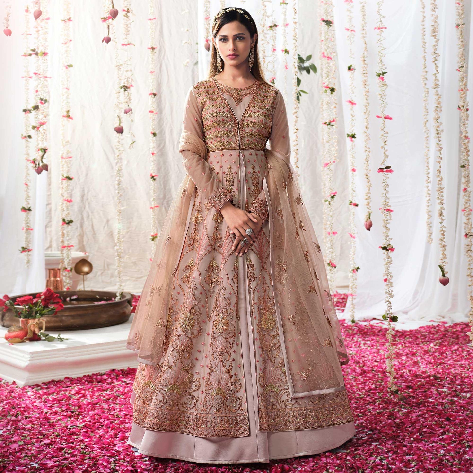 Mauve Partywear Sequins Embroidered Net Gown