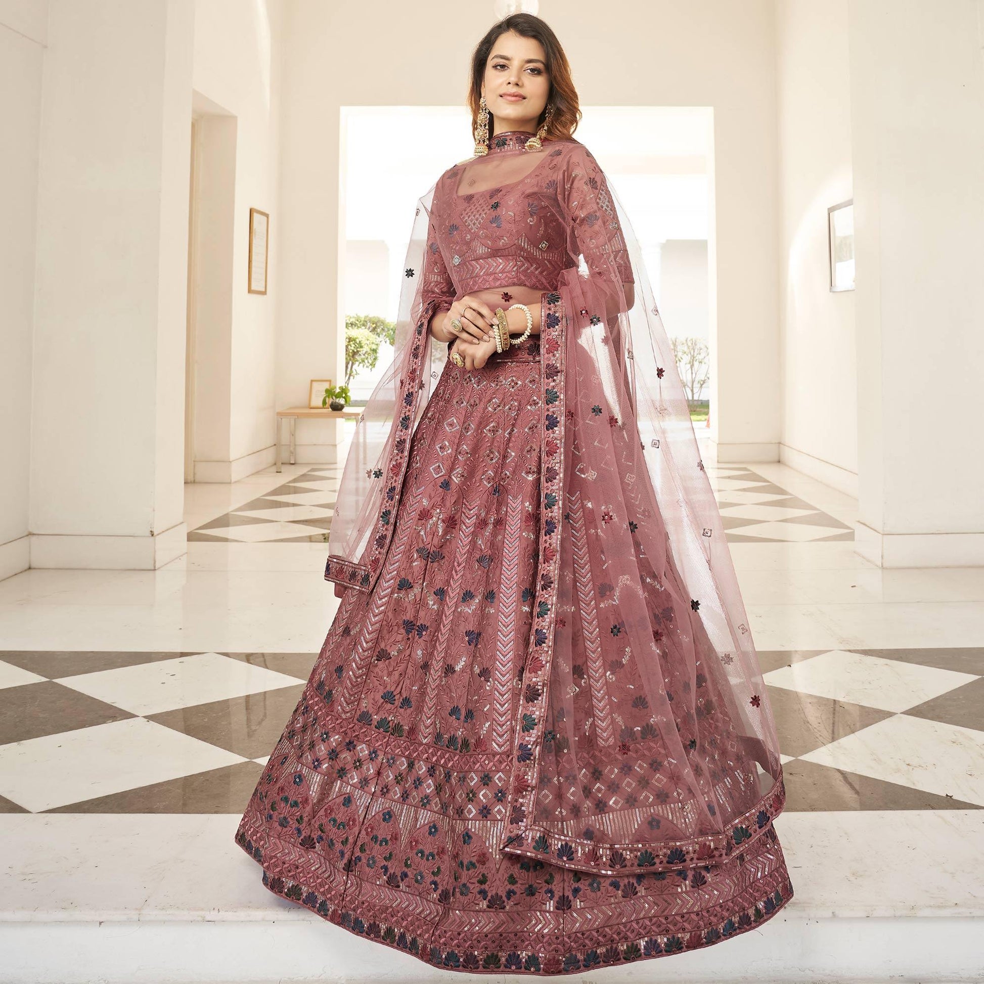 Mauve Partywear Sequins Embroidered Silk Lehenga Choli