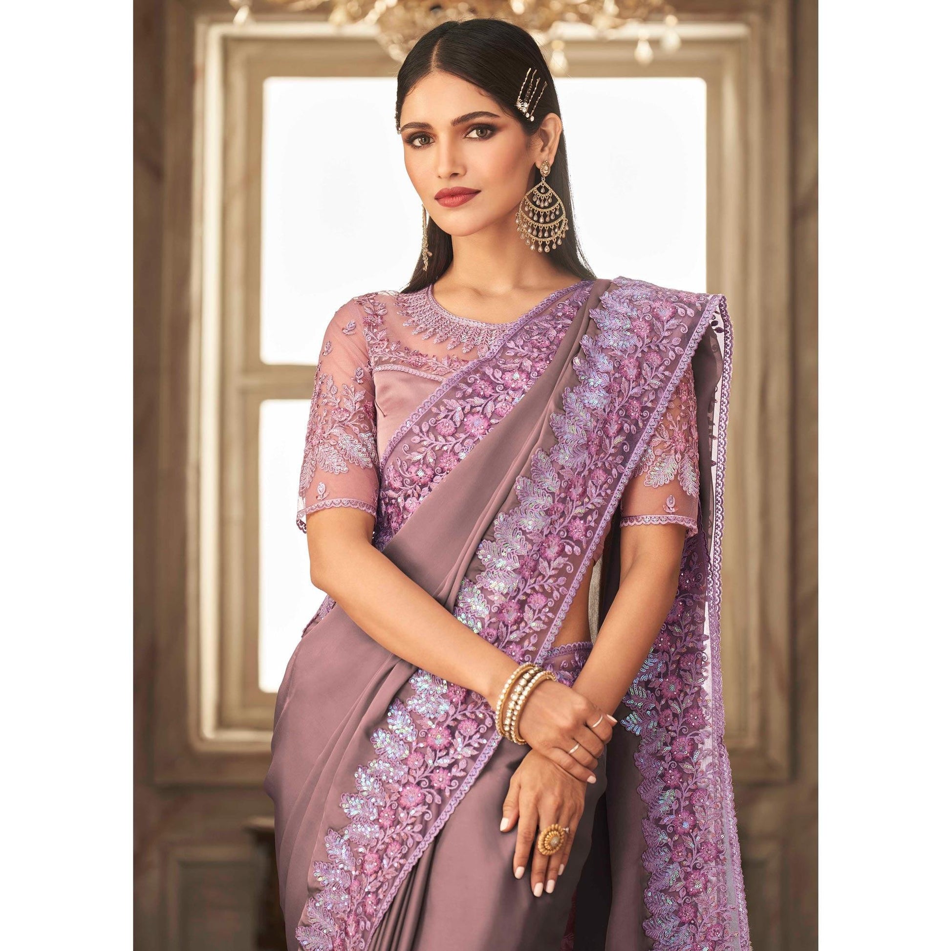 Mauve  Partywear Sequins Embroidered  Silk Saree