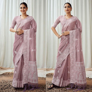 Mauve Partywear Woven Lucknowi Linen Saree