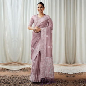 Mauve Partywear Woven Lucknowi Linen Saree