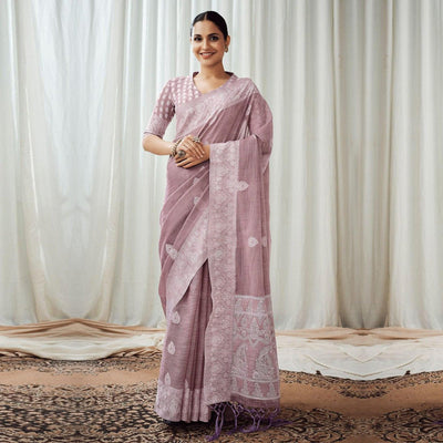 Mauve Partywear Woven Lucknowi Linen Saree
