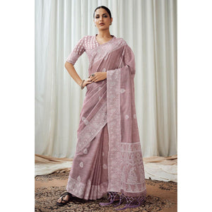 Mauve Partywear Woven Lucknowi Linen Saree