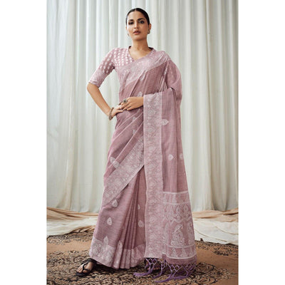 Mauve Partywear Woven Lucknowi Linen Saree