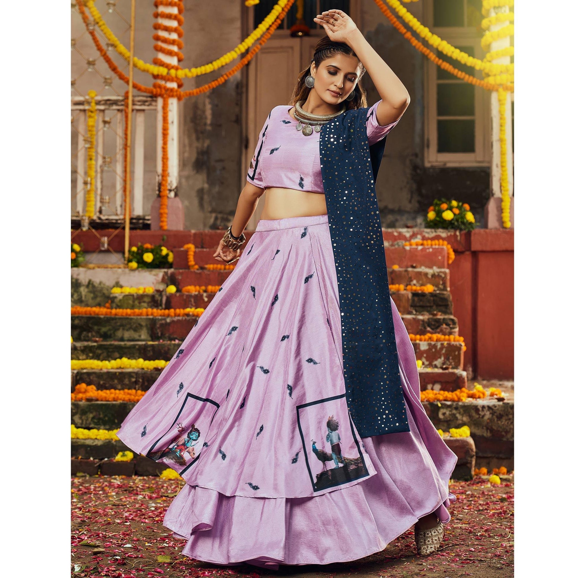 Mauve Printed Art Silk Lehenga Choli