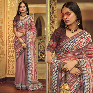 Mauve Printed With Embellished Georgette Half and Half Saree