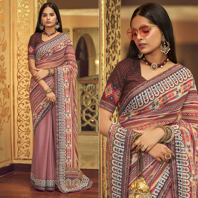 Mauve Printed With Embellished Georgette Half and Half Saree