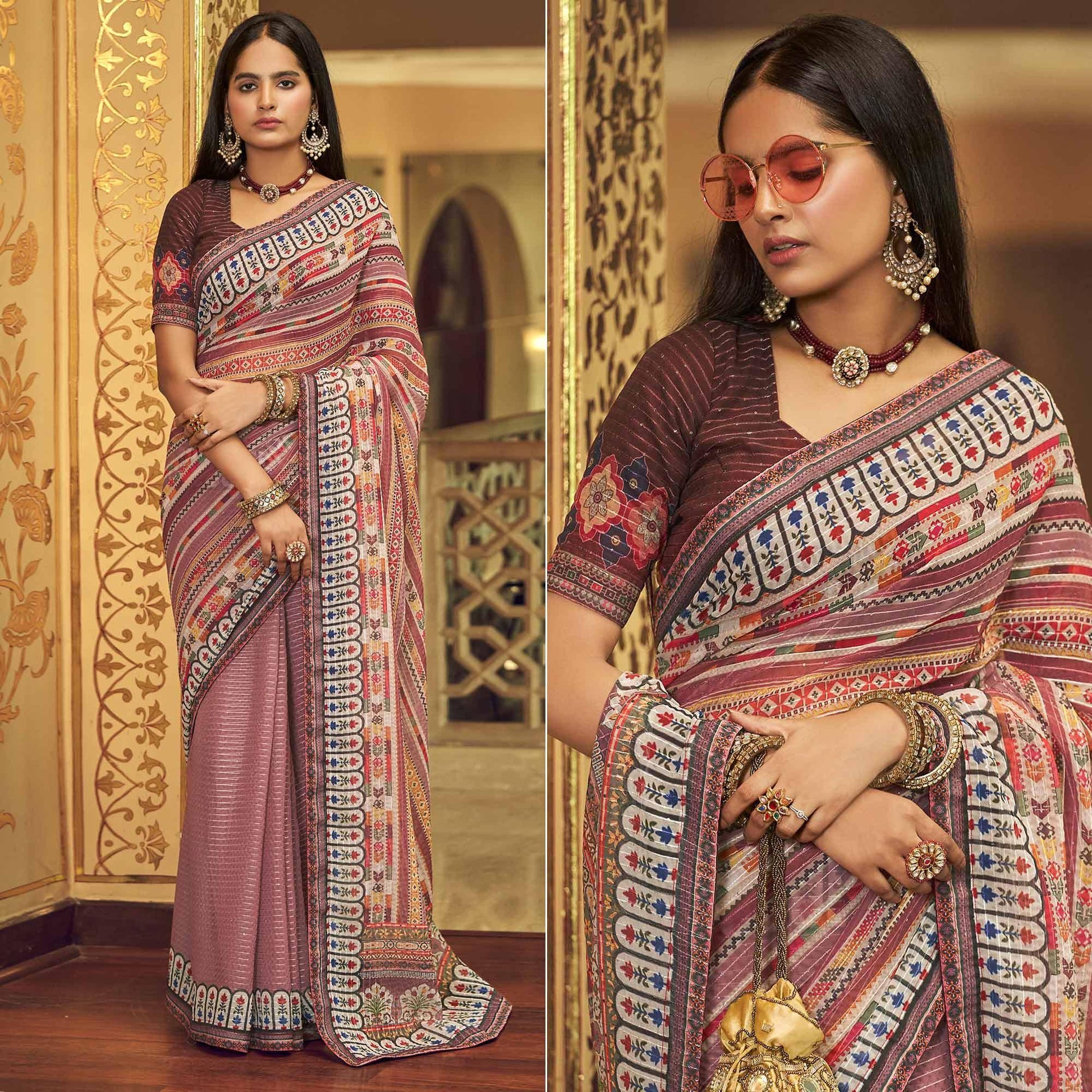 Mauve Printed With Embellished Georgette Half and Half Saree
