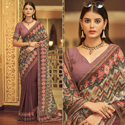 Mauve Printed With Embellished Georgette Half and Half Saree