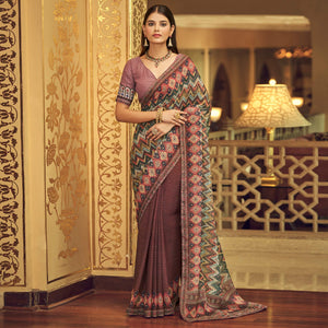 Mauve Printed With Embellished Georgette Half and Half Saree