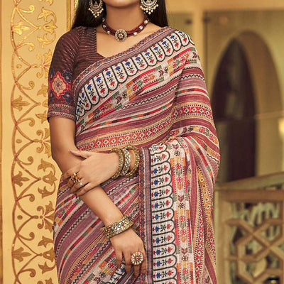 Mauve Printed With Embellished Georgette Half and Half Saree