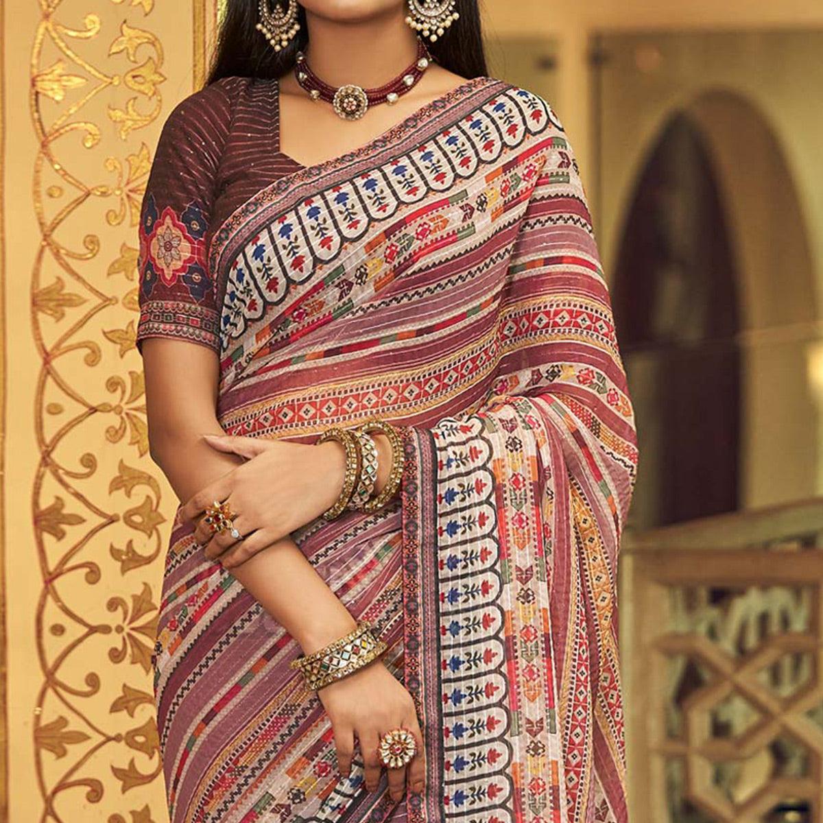 Mauve Printed With Embellished Georgette Half and Half Saree