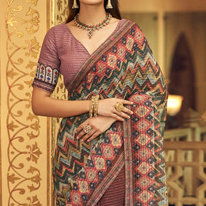 Mauve Printed With Embellished Georgette Half and Half Saree