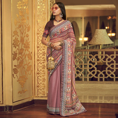 Mauve Printed With Embellished Georgette Half and Half Saree